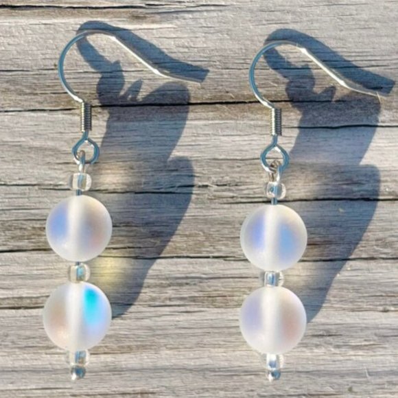 Mermaid Glass dangle Earrings - Sea Glass Earrings - Frosted Glass Earrings - Picture 1 of 2